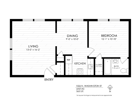 Floor plan for 1 bed, 1 bath, 565 sqft